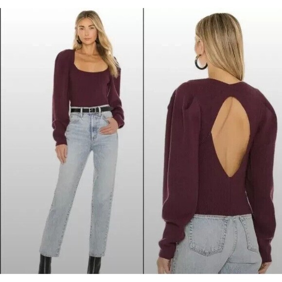 FREE PEOPLE Saffron Top Sweater Back Cut-Out S Pomegranate Wine Long Sleeve B17 - Picture 1 of 6